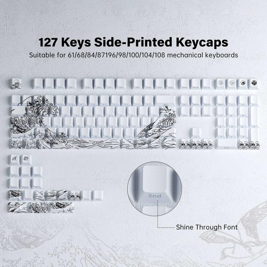 XVX White Kanagawa Wave Keycaps Cherry Profile Dye sub Shine Through PBT Keycap 127-Keys