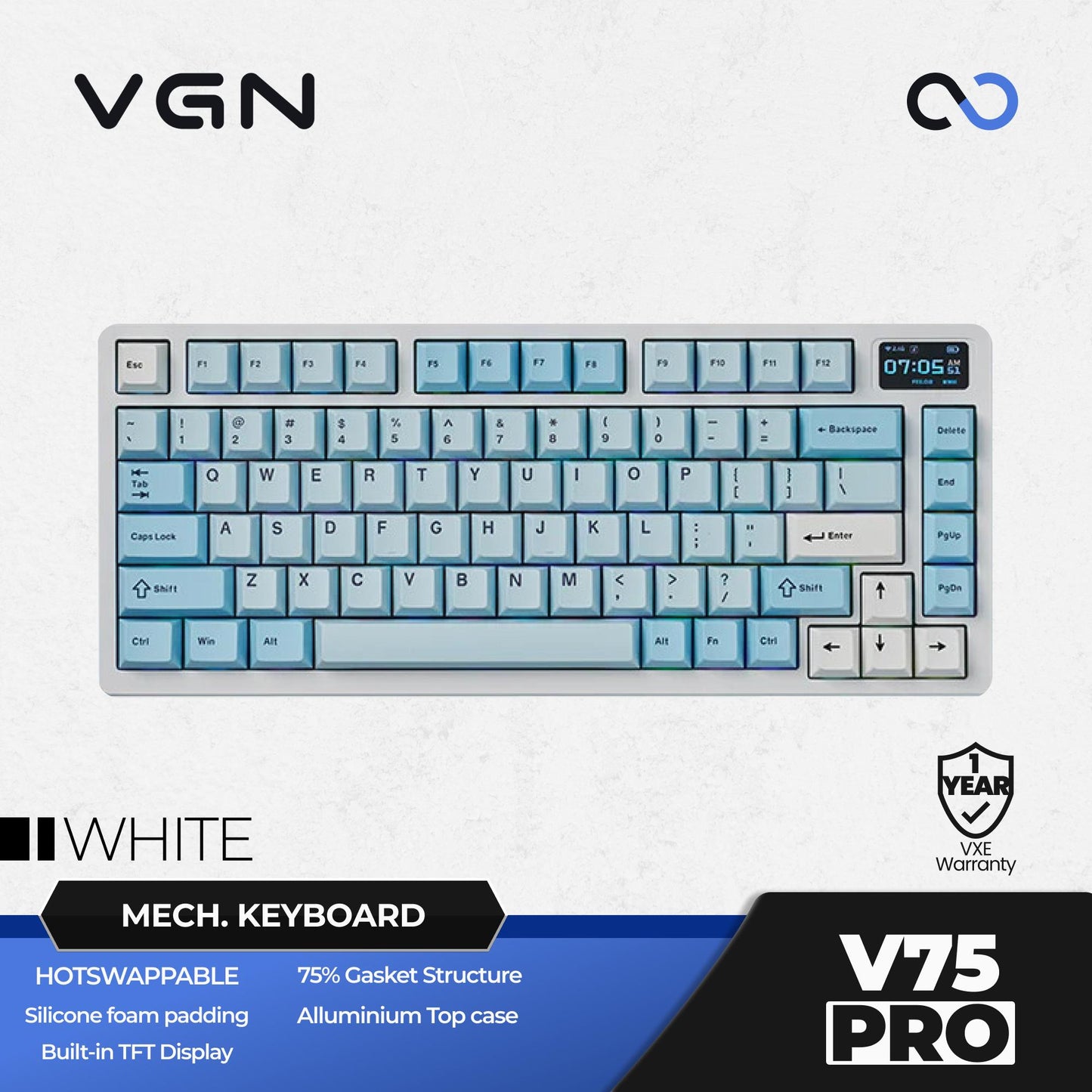 VGN VXE ATK V75 / V-75 PRO Hotswap Gasket Mount 75% TFT Display Alu Wireless Mechanical Keyboard