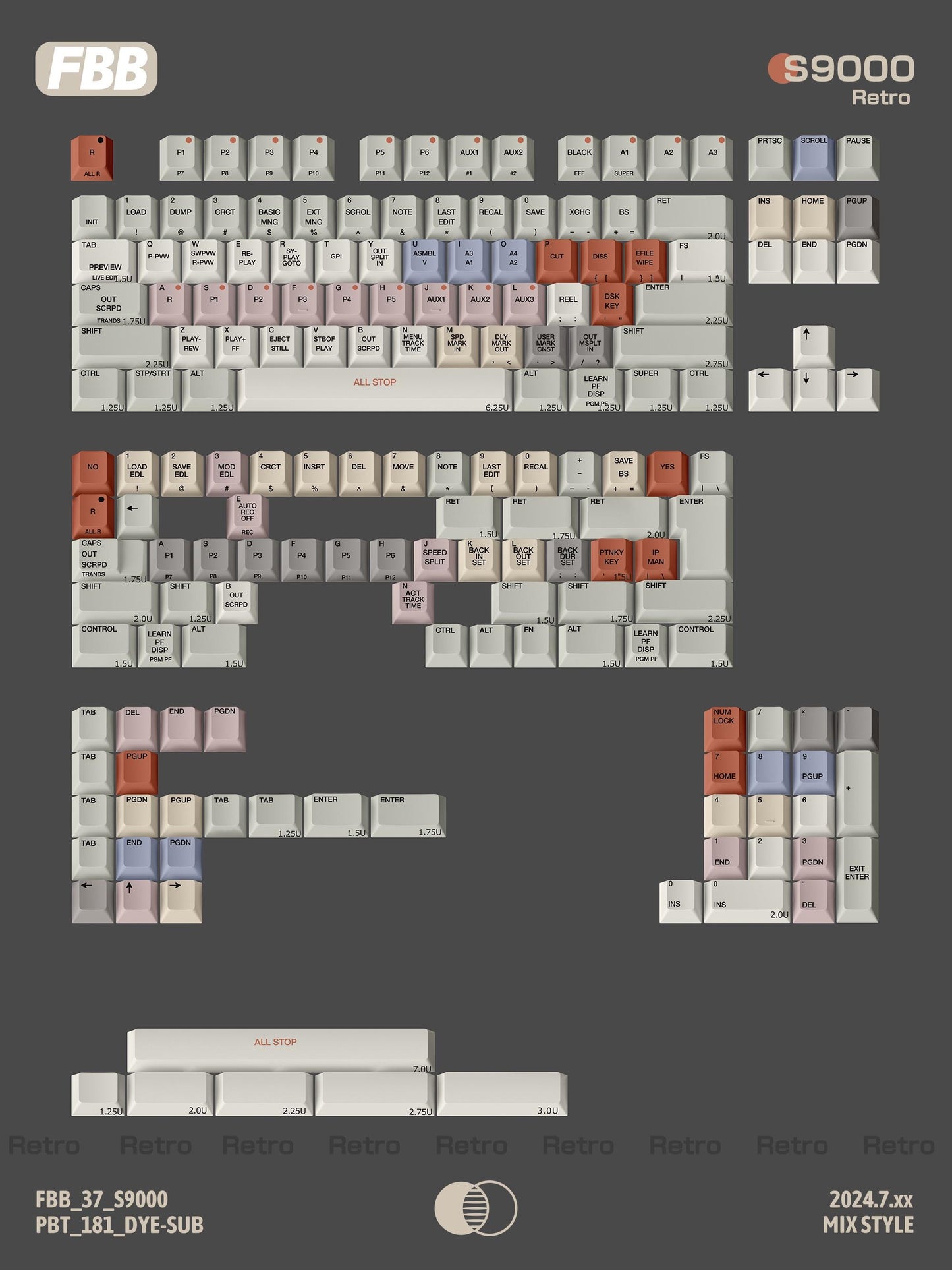 FBB S9000 Retro Keycaps Cherry Profile Dye sub PBT Keycap 174-Keys