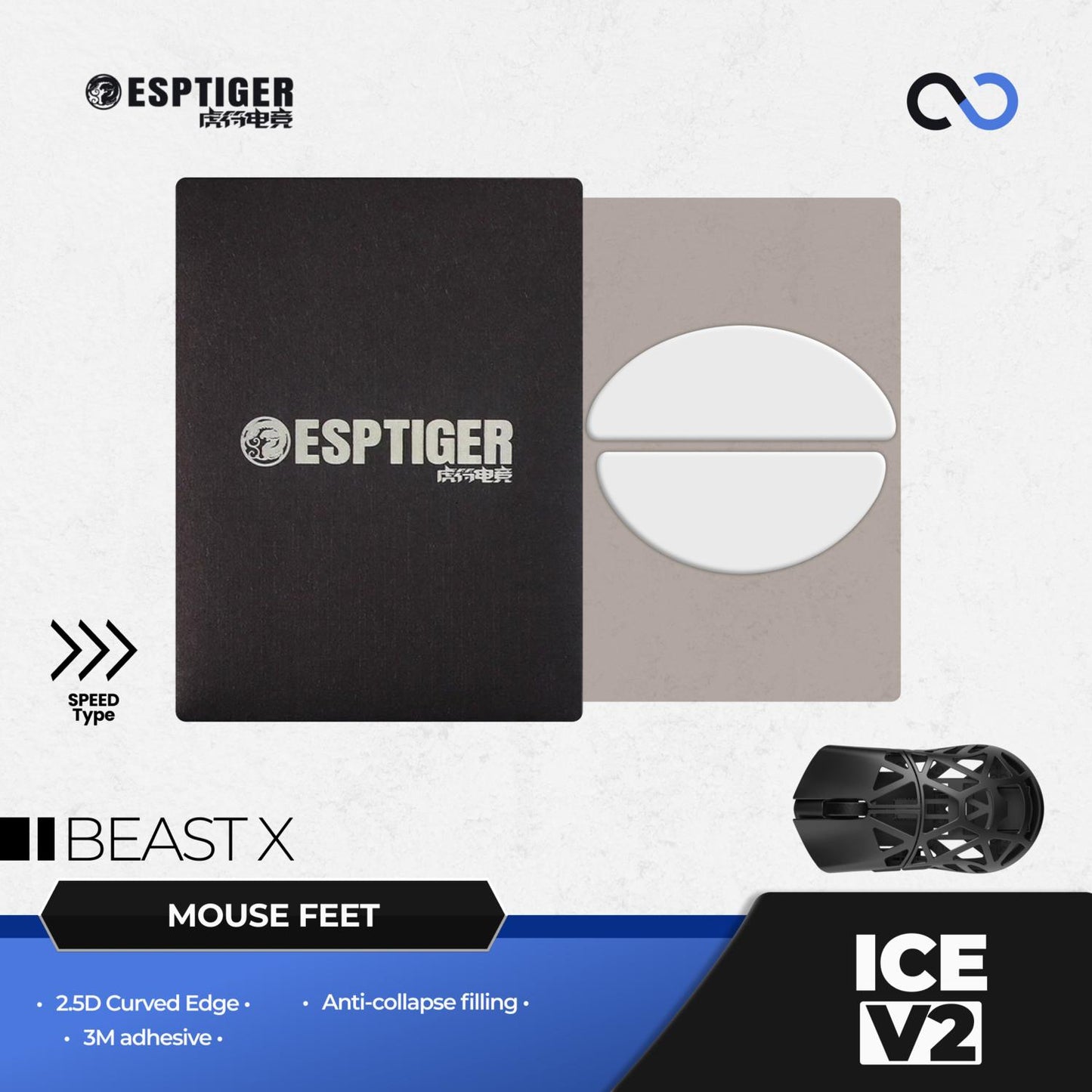 ESPTiger ICE V2 WLMouse Beast X Mouse Feet / Mouse Skate PTFE for Cloth Mouse pad (Speed)