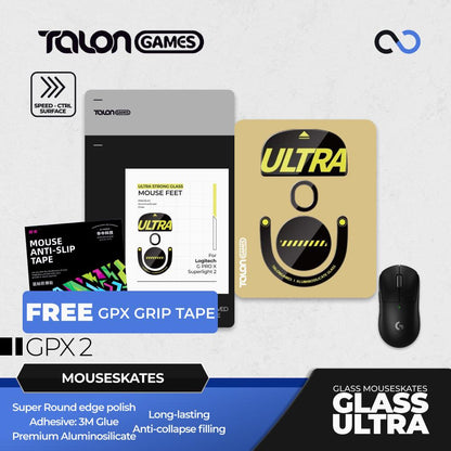 TALONGAMES Glass ULTRA G Pro X Superlight 2 / GPX 2 Glass Mouse Feet / Glass Skate for Cloth Mouse pad (Speed-Control) BONUS GP GRIPTAPE