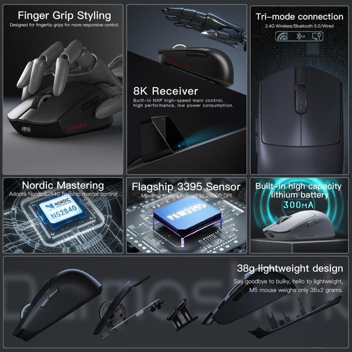 Darmoshark M5 MP Fish Head 4K 8K Wireless Ultra Light Finger Tip Gaming Mouse