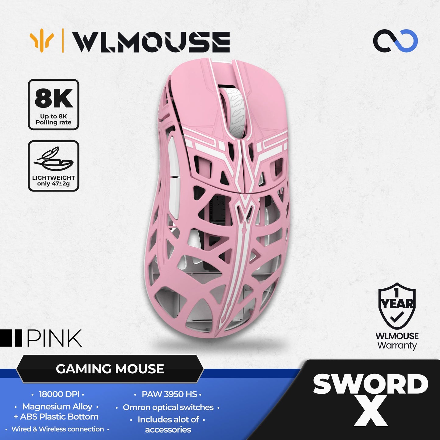WLMouse Sword X 8K Super Light Magnesium Wireless Ergonomic Gaming Mouse