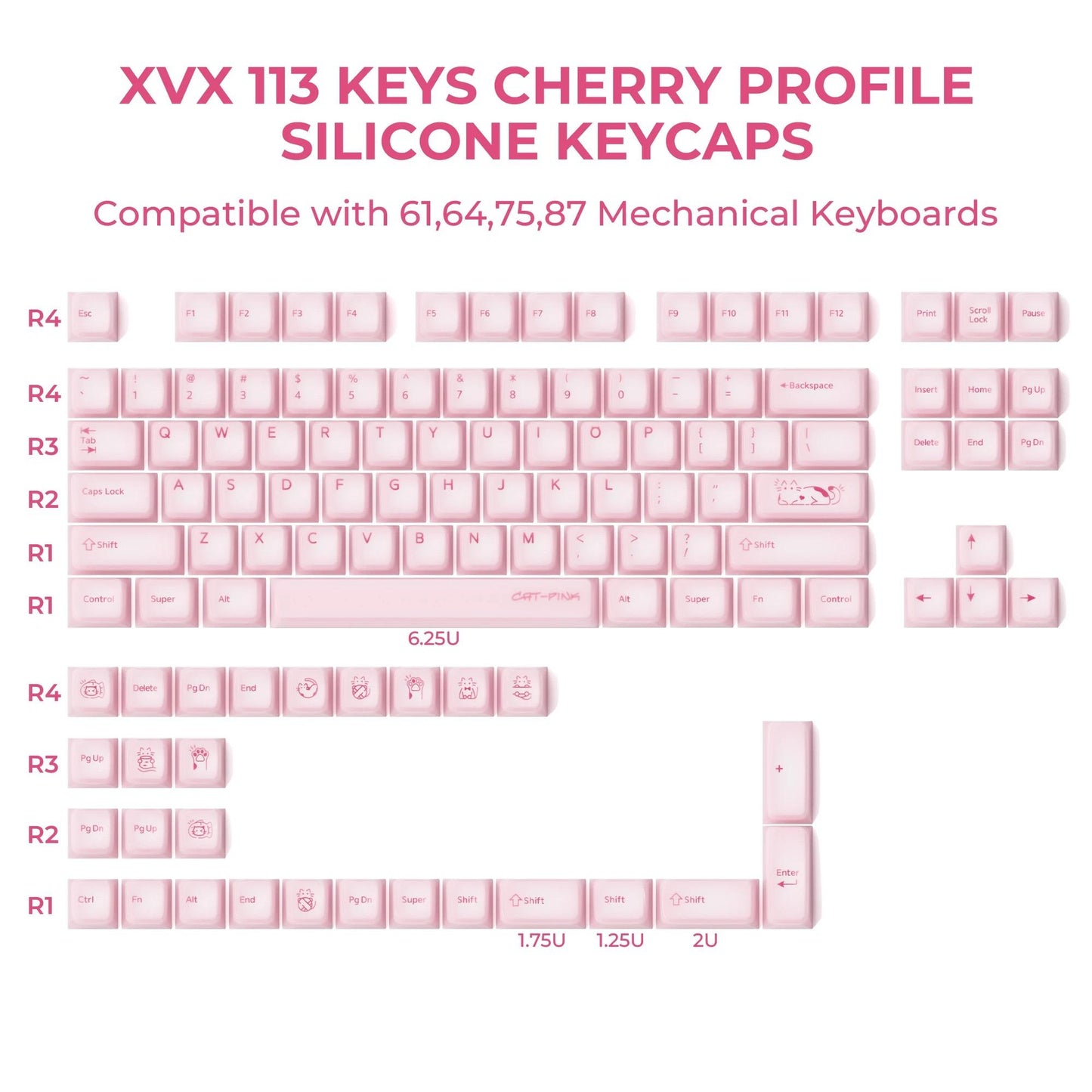 XVX Pink Cat Silicone Keycaps Cherry Profile Shine Through Dye-sub + Double Shot Silicone + ABS Keycap 113-Keys