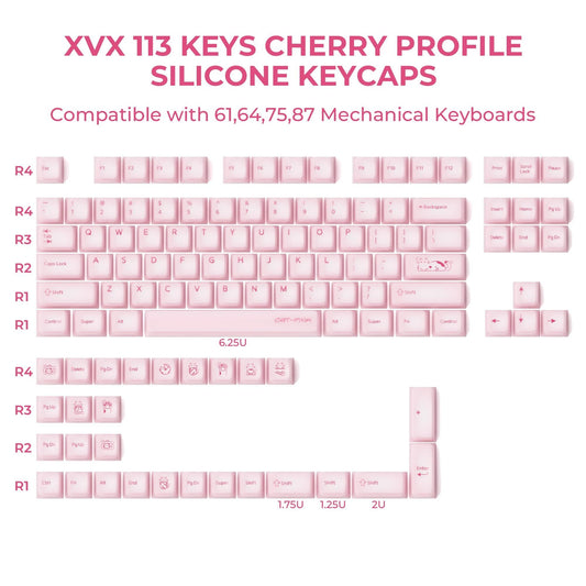 XVX Pink Cat Silicone Keycaps Cherry Profile Shine Through Dye-sub + Double Shot Silicone + ABS Keycap 113-Keys