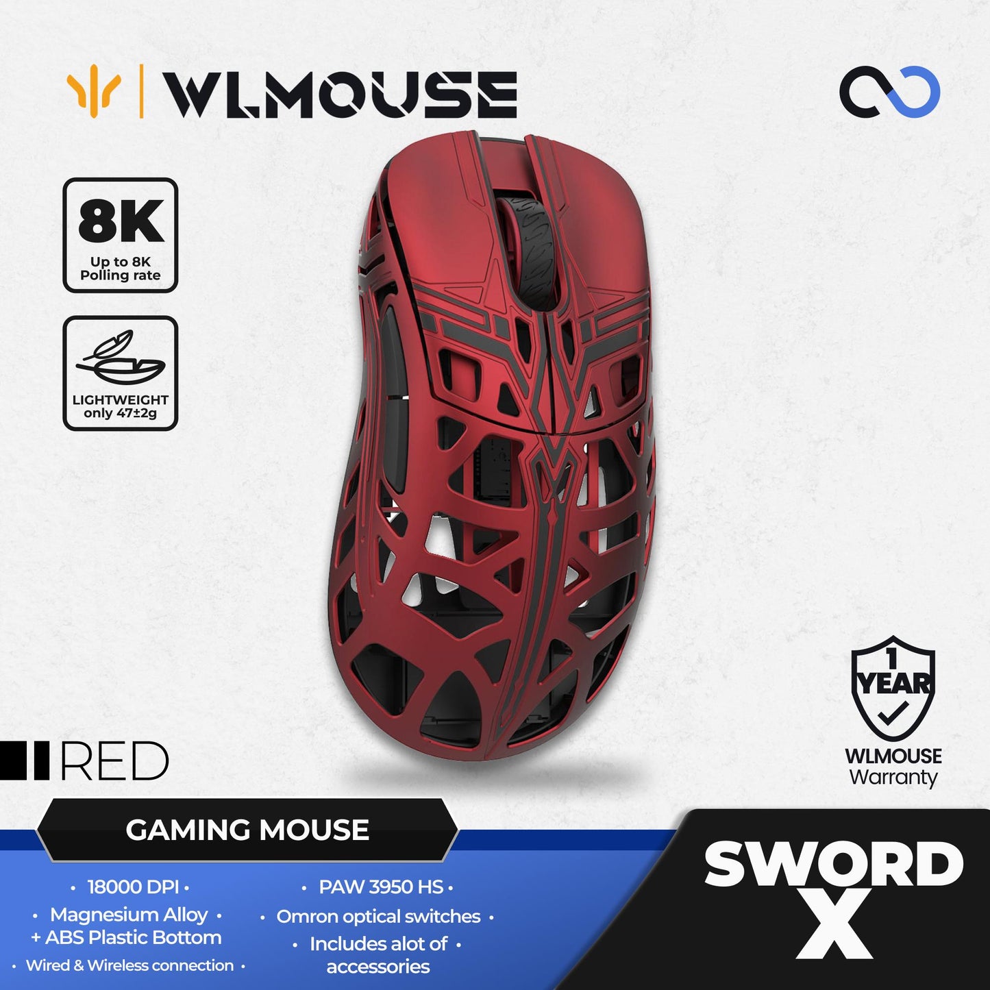 WLMouse Sword X 8K Super Light Magnesium Wireless Ergonomic Gaming Mouse