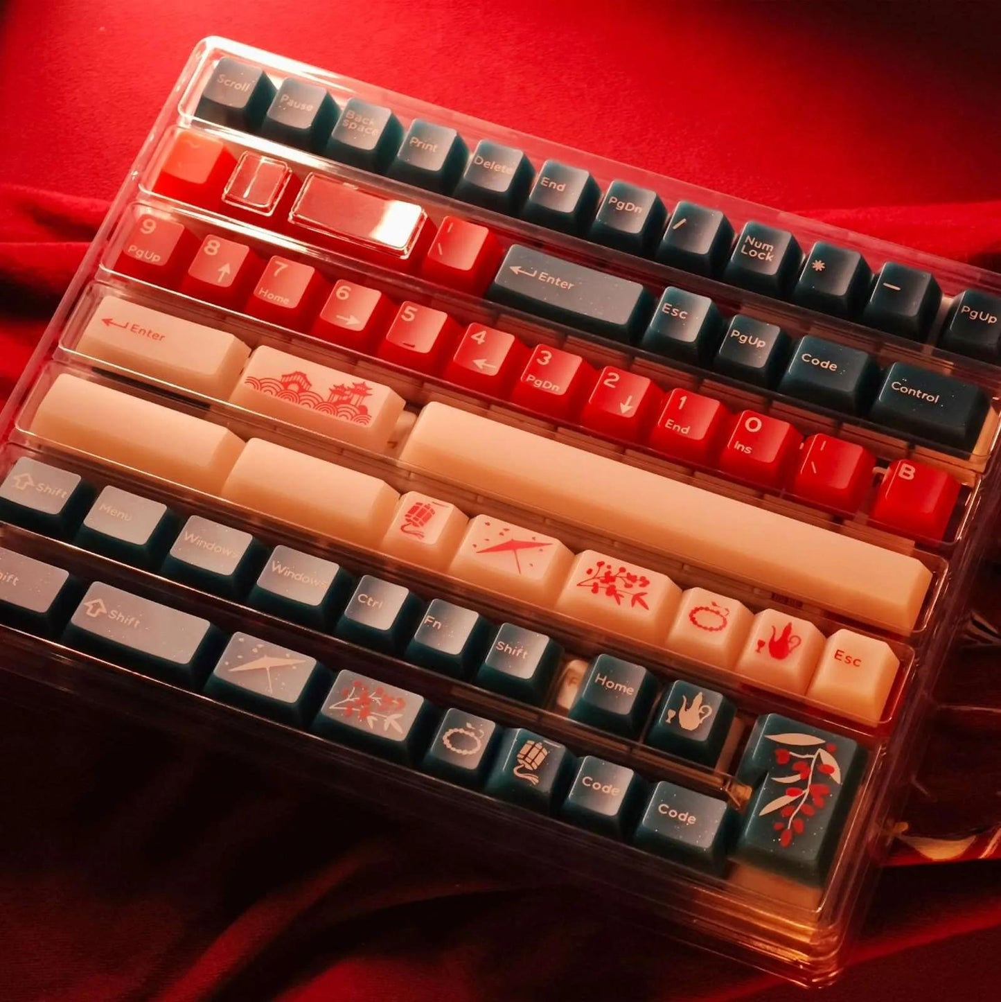 XVX Frost Red Bean / Soft Red Blue Jade Keycaps Cherry Profile Double Shot + UV Print Shine Through PBT + PC Keycap 142-Keys