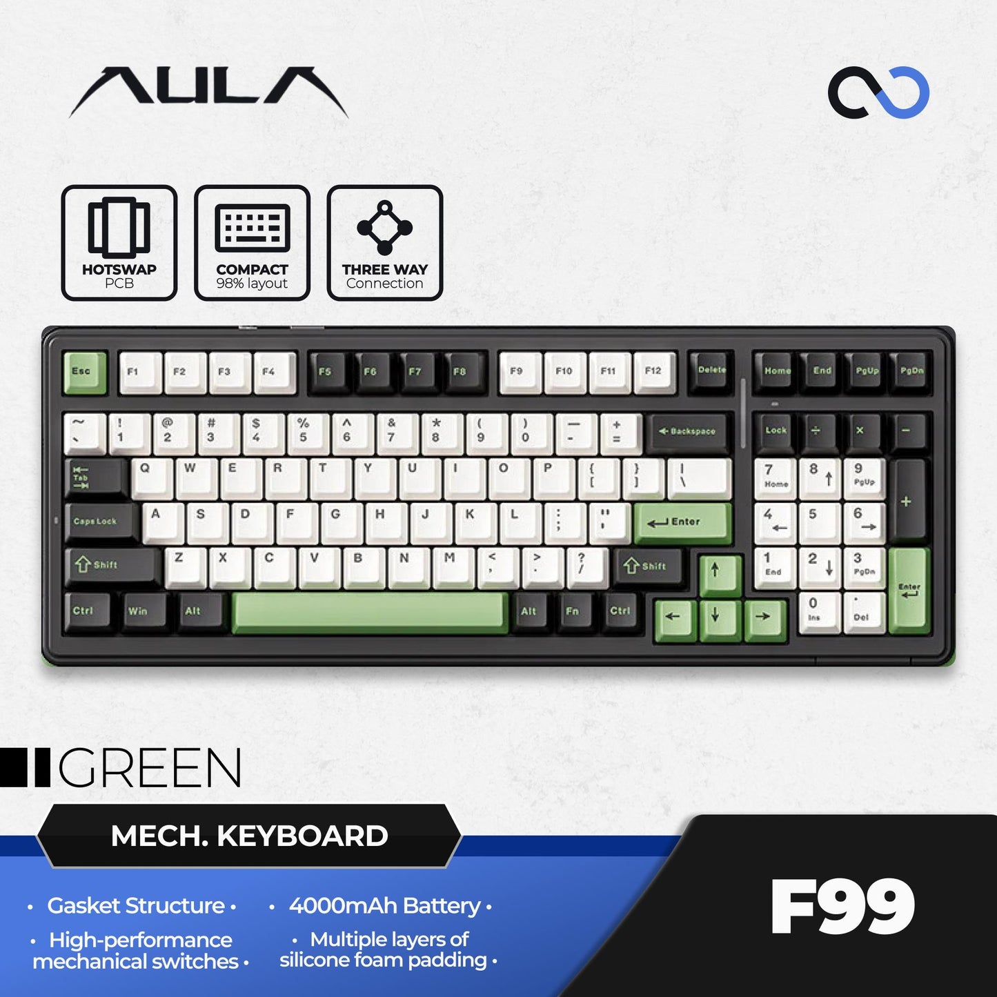 AULA F99 PBT Wireless Gasket Hotswap 98% Mechanical Gaming Keyboard