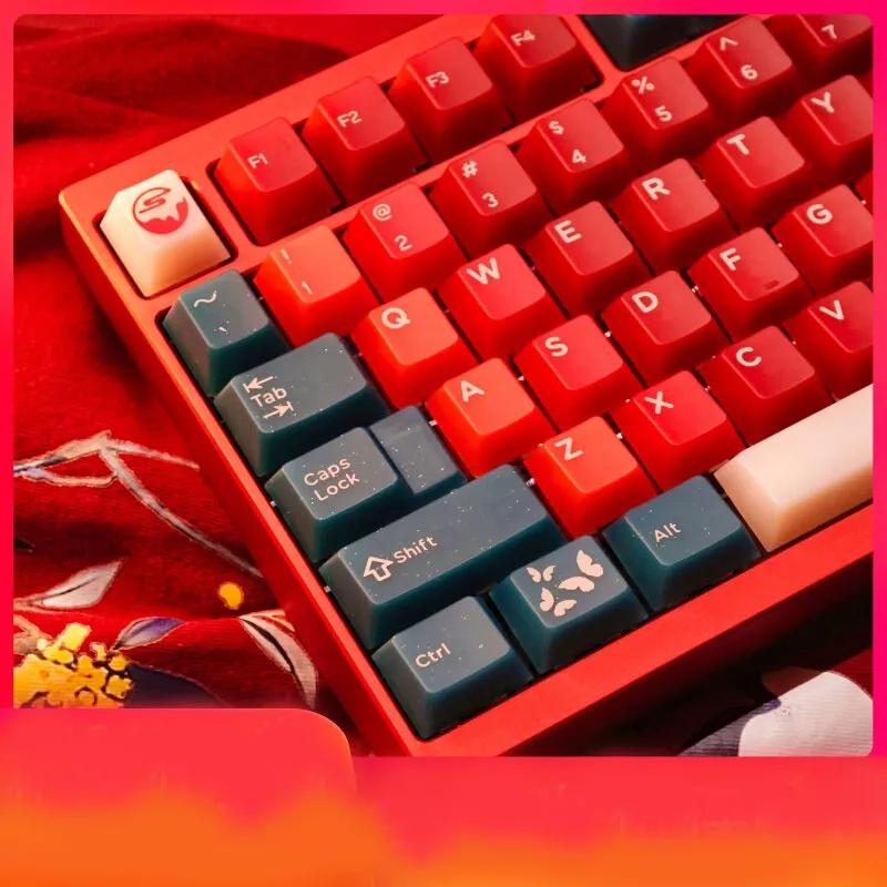 XVX Frost Red Bean / Soft Red Blue Jade Keycaps Cherry Profile Double Shot + UV Print Shine Through PBT + PC Keycap 142-Keys