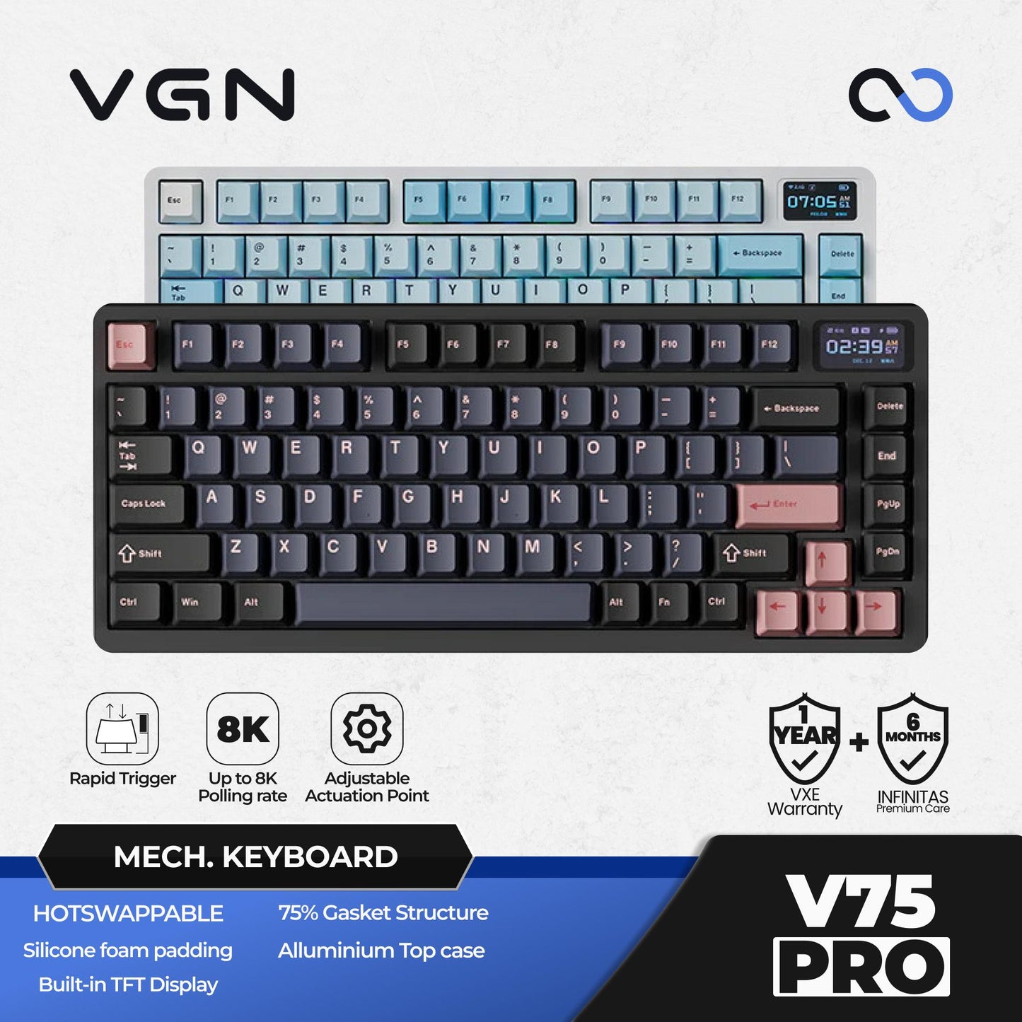 VGN VXE ATK V75 / V-75 PRO Hotswap Gasket Mount 75% TFT Display Alu Wireless Mechanical Keyboard