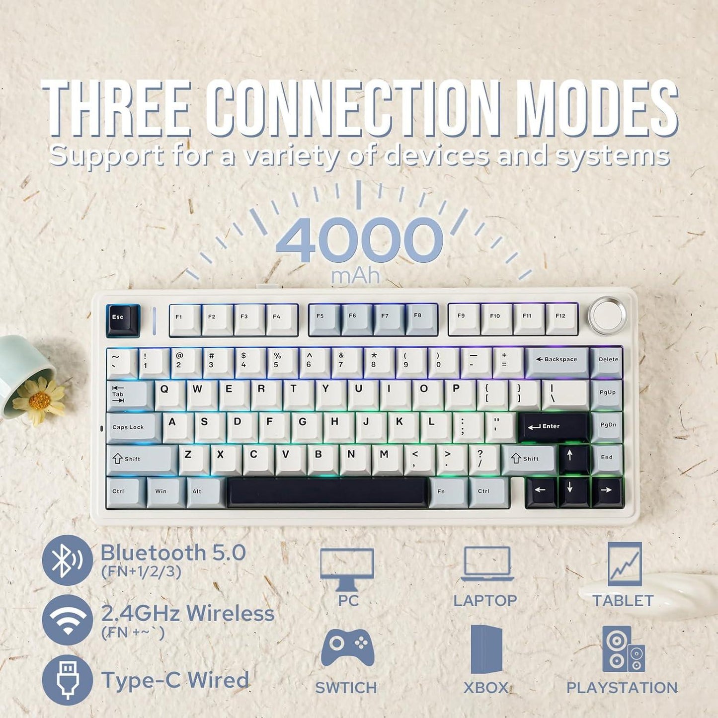 AULA F75 PBT Wireless Gasket Hotswap 75% Mechanical Keyboard with Knob Bluetooth / 2.4ghz / Wired