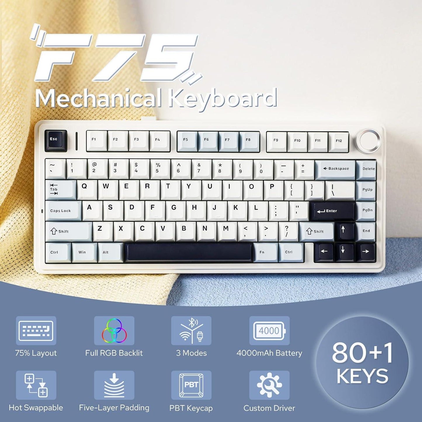 AULA F75 PBT Wireless Gasket Hotswap 75% Mechanical Keyboard with Knob Bluetooth / 2.4ghz / Wired