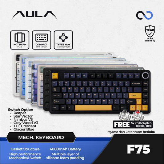 AULA F75 PBT Wireless Gasket Hotswap 75% Mechanical Keyboard with Knob Bluetooth / 2.4ghz / Wired