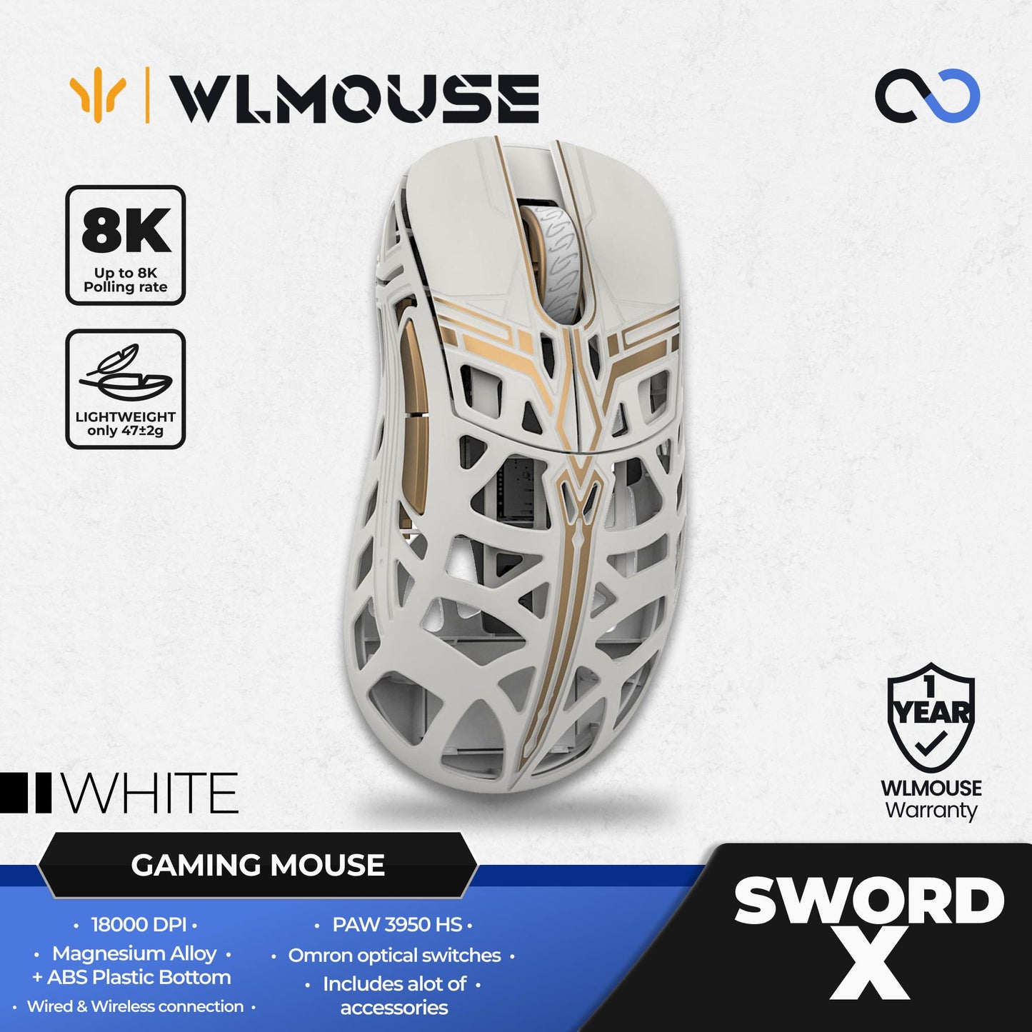 WLMouse Sword X 8K Super Light Magnesium Wireless Ergonomic Gaming Mouse