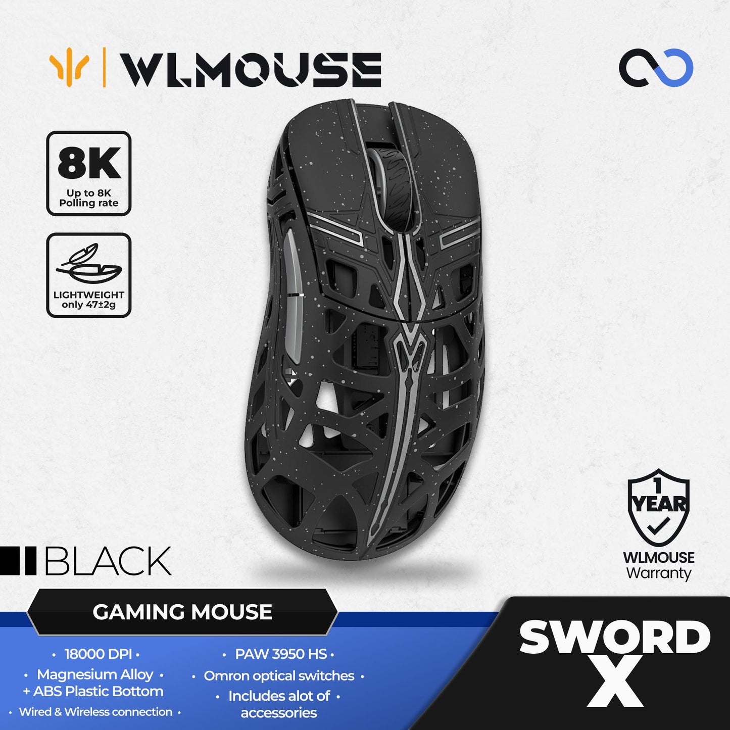 WLMouse Sword X 8K Super Light Magnesium Wireless Ergonomic Gaming Mouse