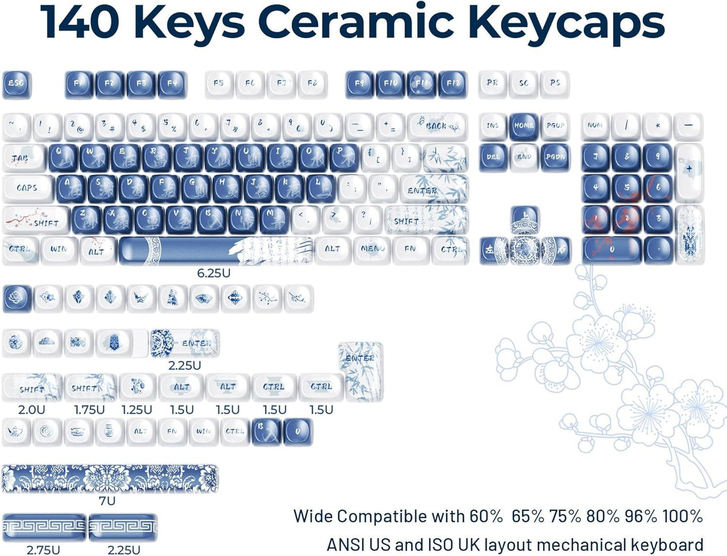 XVX Qinghua Porcelain Blue Ceramic Coated Keycaps MOA Profile Dye sub PBT Keycap 140-Keys