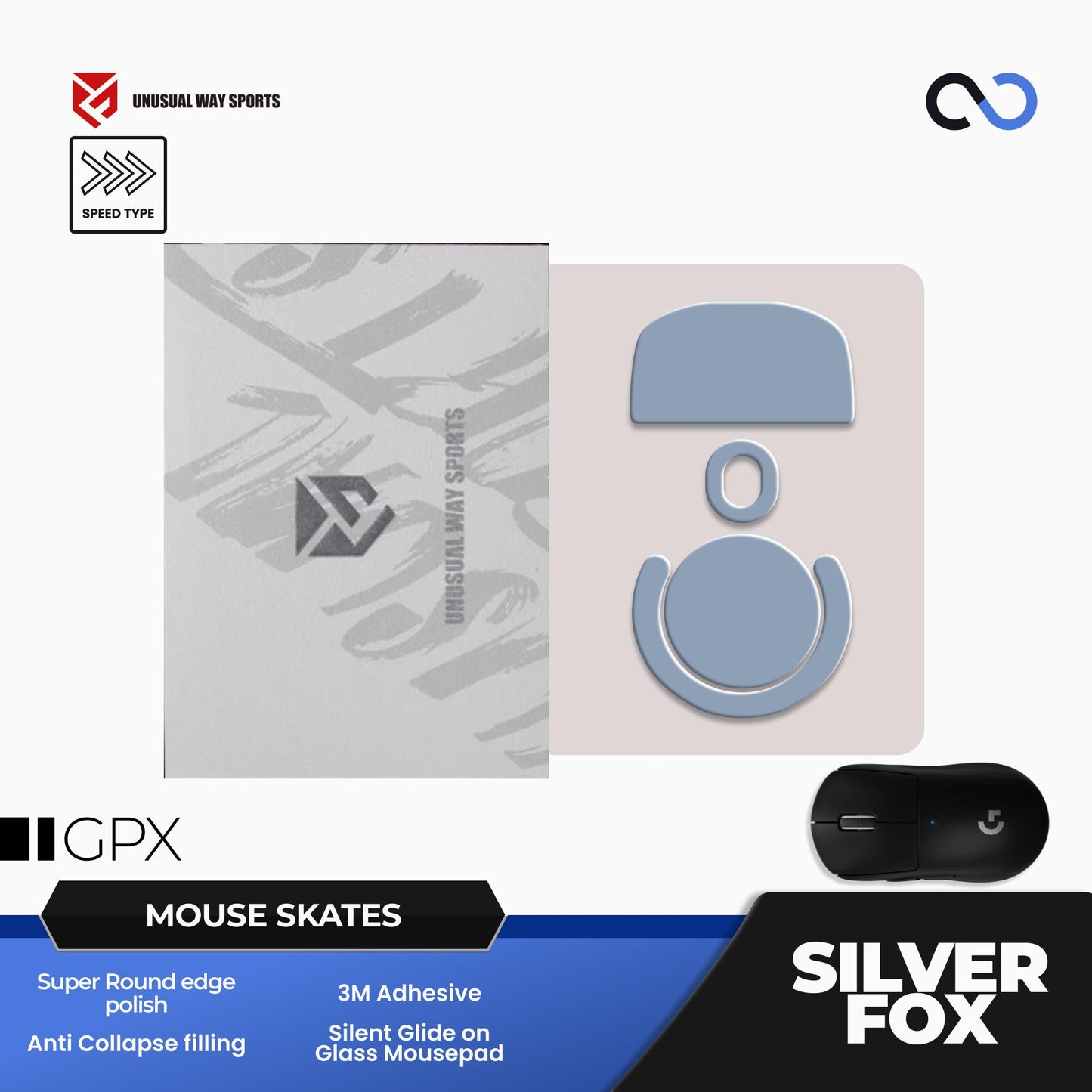 Unusual Way Sports Silver Fox Logitech G Pro X Superlight / GPX Mouse Feet / Mouse Skate PTFE (Speed)